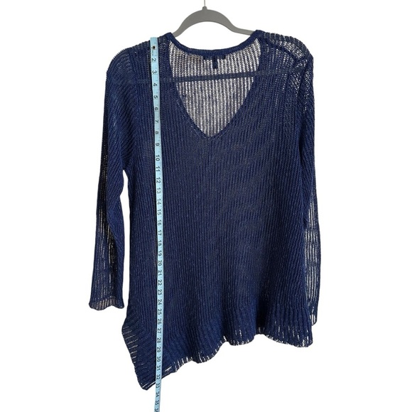 Eileen Fisher size Large Blue Linen Blend Open Weave Sweater Asymmetrical V Neck - Picture 5 of 7